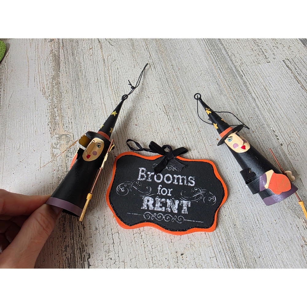 Vintage metal witch sign ornament Halloween broom decor tree metal witches